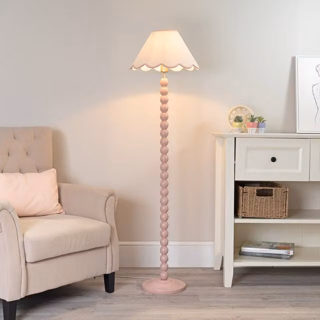 Bobbins Rose Floor Lamp with Pink Linen Scallop Shade and LED Bulb