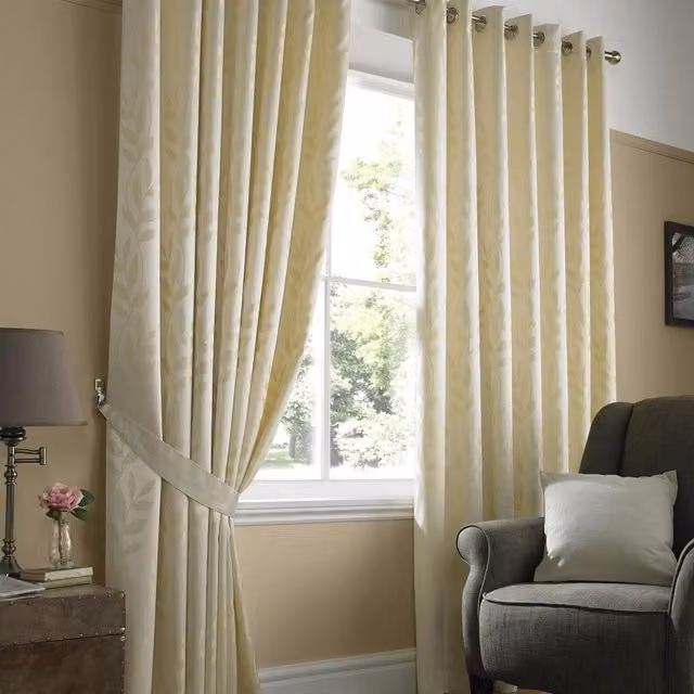 Tivoli Floral Jacquard Fabric Panel Curtains in Beige and Yellow, W: 117 cm, H: 183 cm