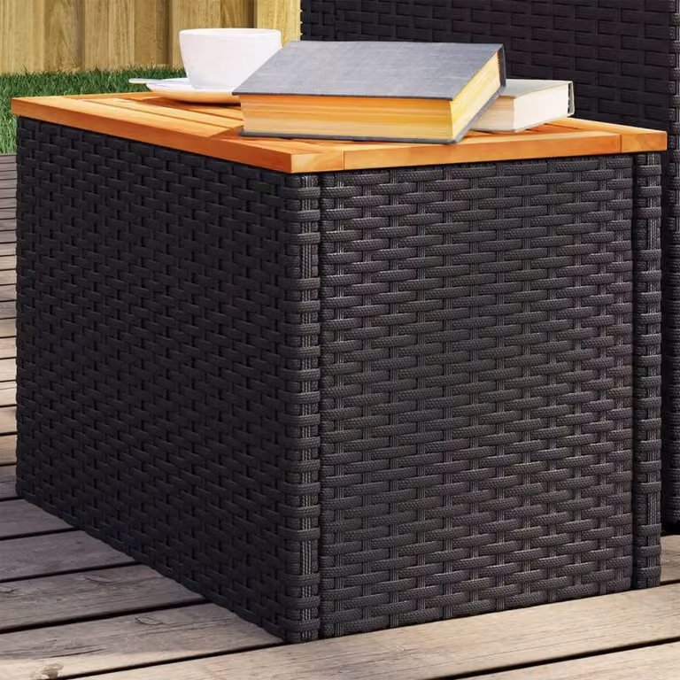 Berkfield Home Garden Side Tables 2-Piece Set in Black Poly Rattan and Oiled Acacia Wood, W/D/H: 55 x 34 x 37 cm