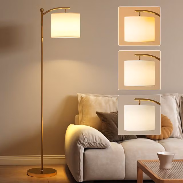 HOMCOM LED Floor Lamp with Remote Control, Dimmable and Timer Function, Gold/Brass Metal and Fabric Cylinder Design