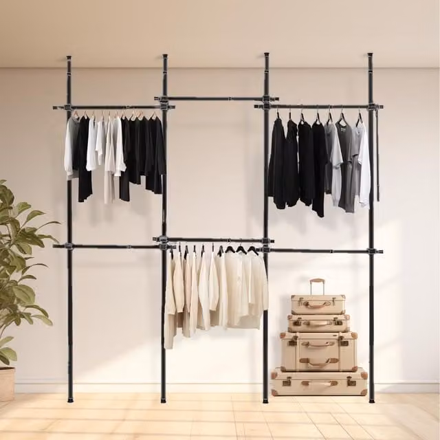 House Of Home Adjustable Telescopic Hanging Rail Clothes Rack in Matt Black Metal, H 225 cm x W 120 cm x D 110 cm