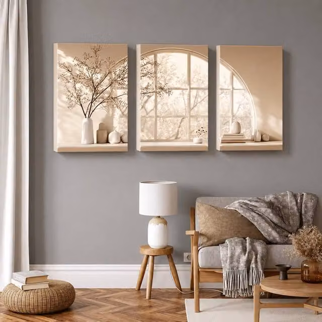Mafett Neutral Window View Canvas Wall Art Set of 3 Beige Minimalist Landscape Prints, W: 60.96 cm x H: 81.3 cm