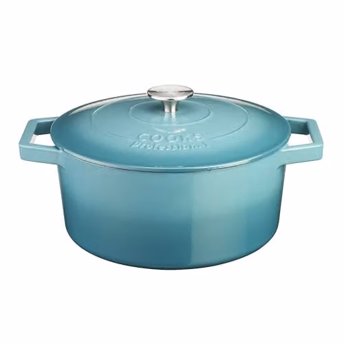 Cooks Professional Enamelled Cast Iron Casserole Dish with Lid and Handles, Petrol, 26cm, 5.8l
