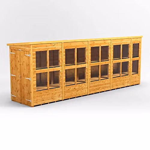 POWER Premium Pent Wooden Greenhouse Shed with Double Doors and Toughened Glass in Brown