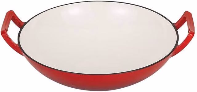 Garden Sanctuary Enamelled Cast Iron Stir-Fry Pan Wok in Red