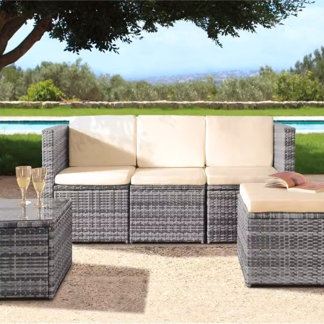 Comfy Living 3-Piece Grey Polyrattan Garden Furniture Set with 3-Seater Sofa, Coffee Table, Ottoman and Weather Cover