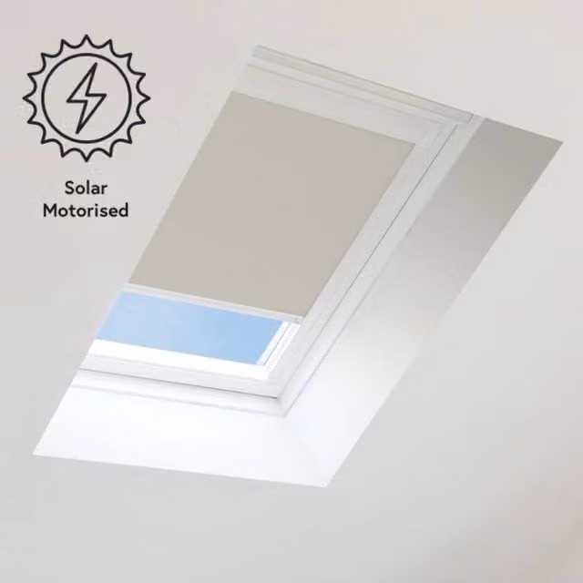 Bloc Blinds Solar Powered Blackout Blind for Velux Roof Windows, Light Grey and White, Thermal Insulating