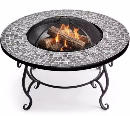 Centurion Supports Fireology Ginessa Garden Fire Pit Brazier and Coffee Table with Mosaic Ceramic Tiles in Grey and Black