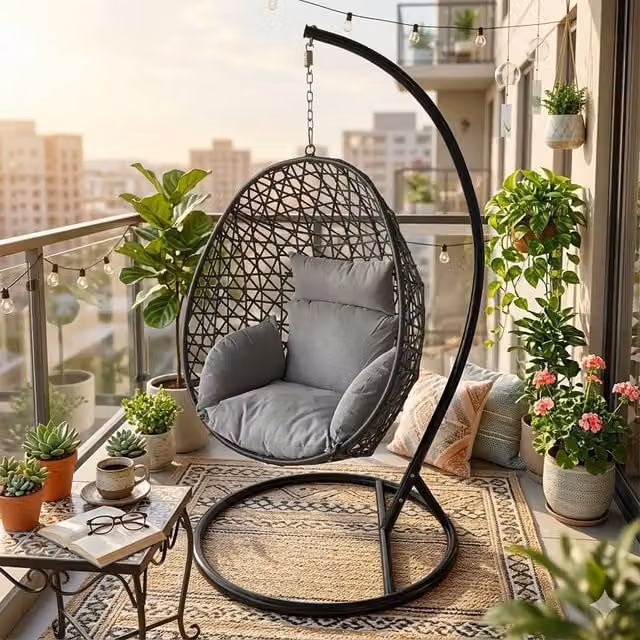 Alivio Grey Rattan Weave Hanging Egg Chair with Cushions and Metal Stand for Indoor and Outdoor Use