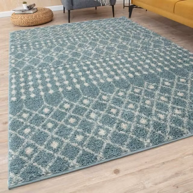 The Rugs Berber Moroccan Design Patterned Shaggy Rug in Duck Egg Blue, W: 170 cm, D: 120 cm