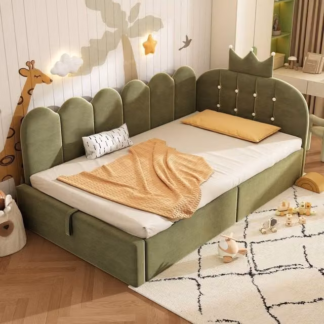 Rolipo Green Velvet Crown Shaped Single Daybed with Hydraulic Storage, W/D/H: 90 x 190 cm