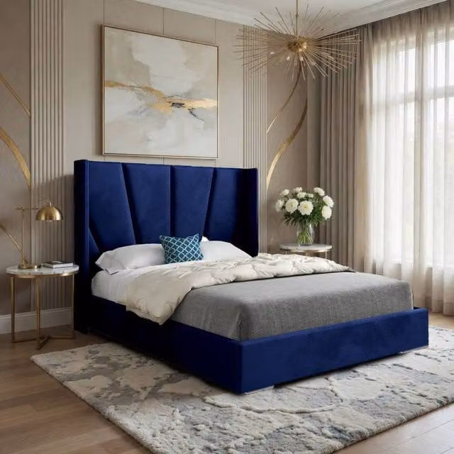 Casani Farleigh Upholstered Velvet Designer Bed Frame in Blue, W/D/H: 144 x 137 x 200 cm