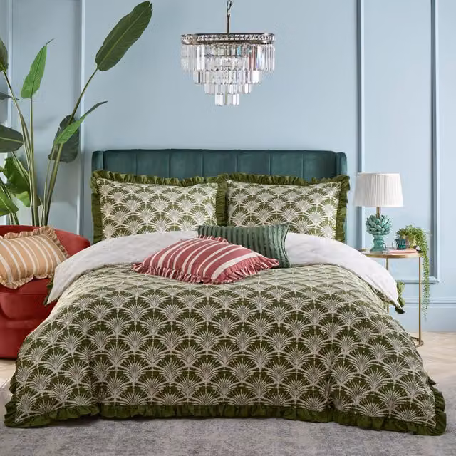 Make It A Home Deco Palm Printed Ruffle Reversible Duvet Cover Set, Green, 200 x 200 cm