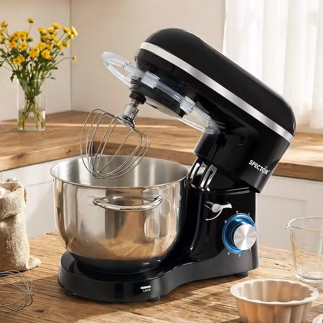 Spector Electric Food Mixer with 6.2L Stainless Steel Bowl, 6 Speeds and Pulse Function, Black