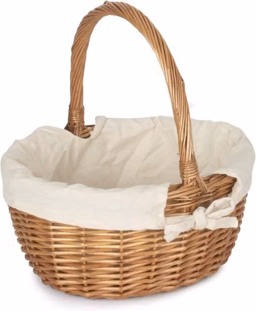 Red Hamper Double Steamed Oval Wicker Shopping Basket with Cotton Lining and Handles in White and Red