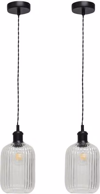 First Choice Lighting Batley Set of 2 Retro Pendant Lights with Transparent Ribbed Glass and Black Metal Finish