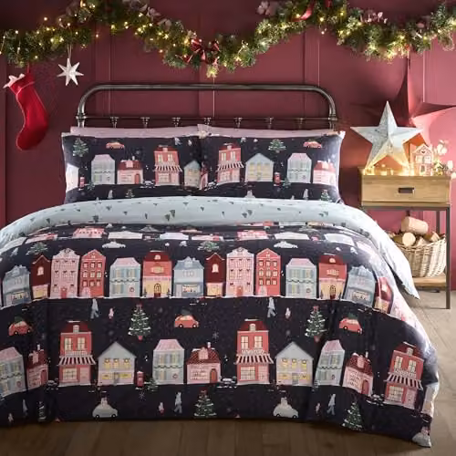 Fusion Christmas Houses Navy Blue Duvet Cover Set, King Size, 220 x 230 cm
