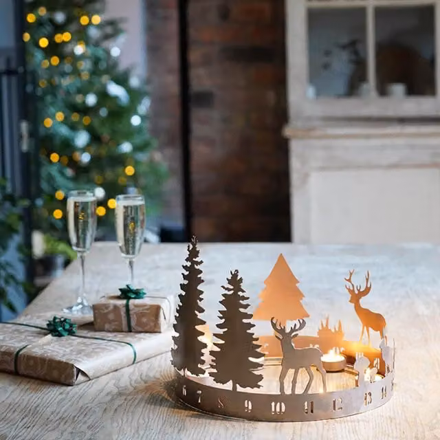 Ivyline Round Advent Forest Tealight Centrepiece in Bronze Metal, H25 x W33 x D33 cm