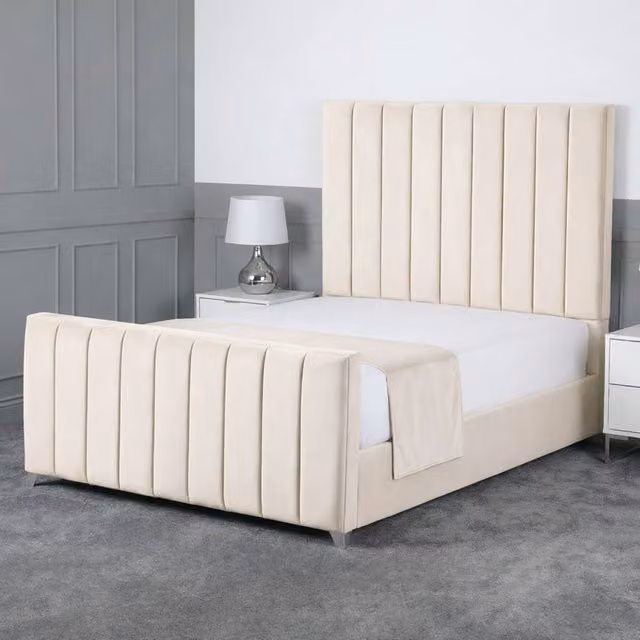 Living Comfort Bedz Empress Plush Velvet Upholstered Bed with Slatted Base and 48 Inch Headboard in Beige