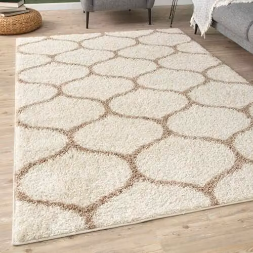 THE RUGS Modern Moroccan Shaggy Area Rug in Trellis Beige and White, W: 240 cm, D: 340 cm, H: 30 cm