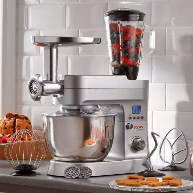 Cooks Professional Multifunction Stand Mixer 1200W with Mincer, Blender and 6.2L Stainless Steel Mixing Bowl in Silver
