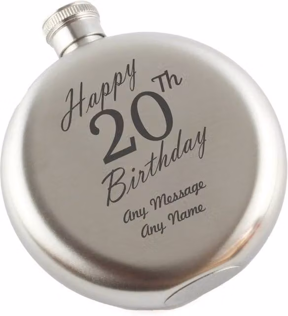 Uniqueful Men's Personalised Happy 20th Birthday Engraved 5oz Round Stainless Steel Hip Flask in Silver
