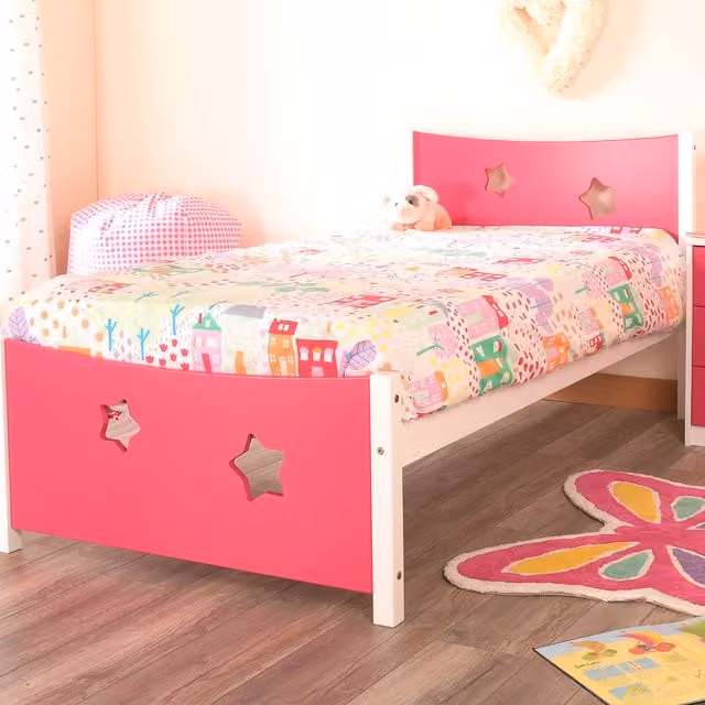 Comfy Living Childrens Pink Solid Pine Wood Star Bed Frame with Bedside Table, W/D/H: 90 x 190 cm