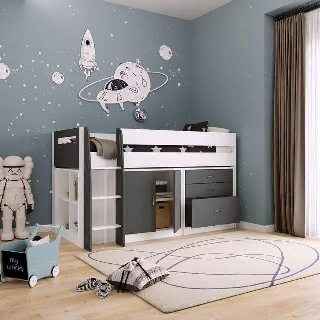 Rest Relax Anderson Kids Mid Sleeper Bed with Storage Drawers in Grey and White