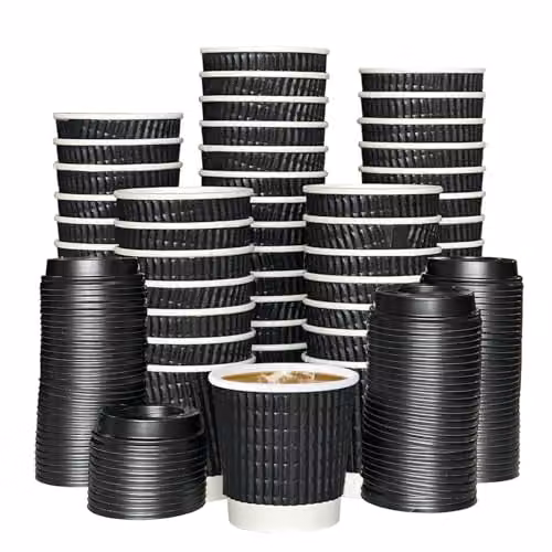 ECONX 500 x 4oz Black Disposable Kraft Paper Ripple Cups with Lids, Leak Proof Insulated Triple Wall Takeaway Coffee Cups