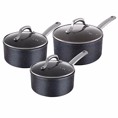 Tower Trustone 3 Piece Non Stick Induction Saucepan Set with Lids, Black