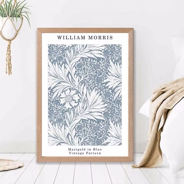 ARTZE William Morris Marigold in Blue Art Print with Oak Frame, A2, Mid Blue Floral Illustration