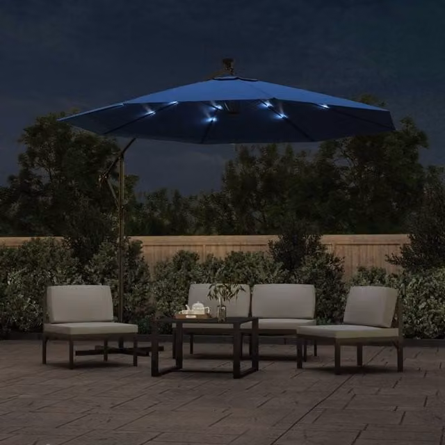 Berkfield Home Elegant Blue Cantilever Garden Umbrella with LED Lights and Steel Pole, Diameter: 300 cm