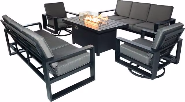 Furniture One Grey Powder Coated Aluminium Garden Sofa Set with Fire Pit Table, Two 3-Seater Sofas and Two Swivel Chairs