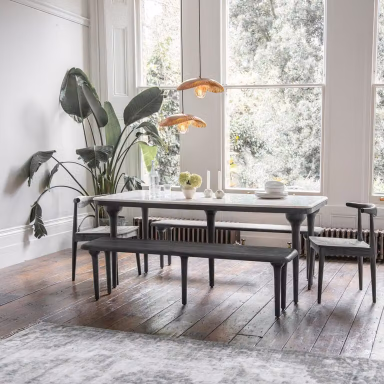 Atkin & Thyme Black and White Marble Rectangular Dining Table with Acacia Wood Base, Width: 180 cm