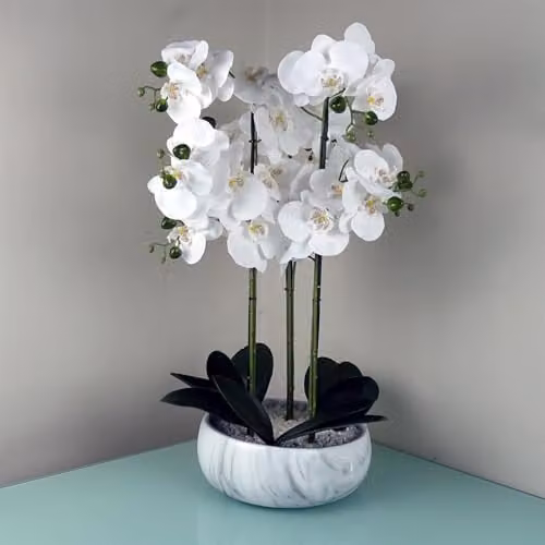 Leaf Design UK White Orchid in a Green Marble Effect Ceramic Planter, H 60 cm x W 40 cm x D 40 cm
