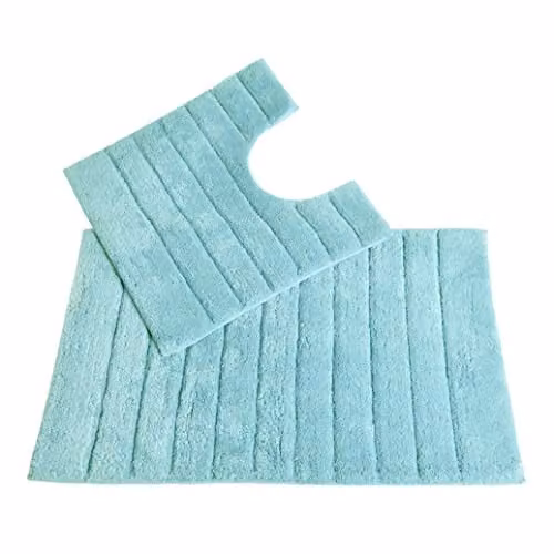 Allure Bath Fashions 2 Piece Ribbed Cotton Bath and Pedestal Mat Set in Duck Egg Blue