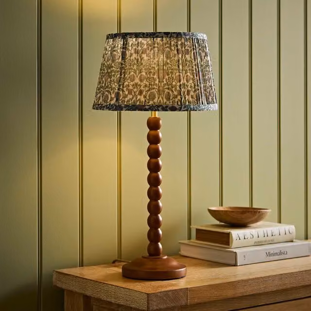 ValueLights Bobbin Floral Printed Pleated Shade Walnut Bobble Table Lamp in Green and Brown