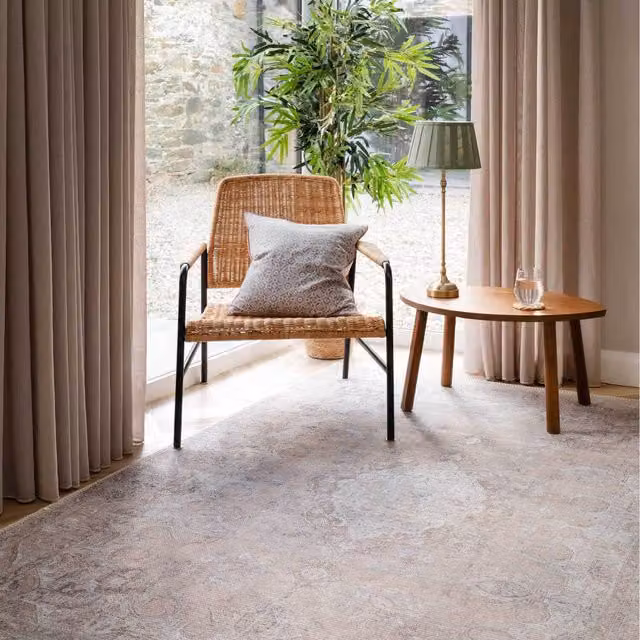 The Rug House Beige Distressed Traditional Medallion Oriental Vintage Washable Non Slip Area Rug, W: 290 cm, D: 200 cm