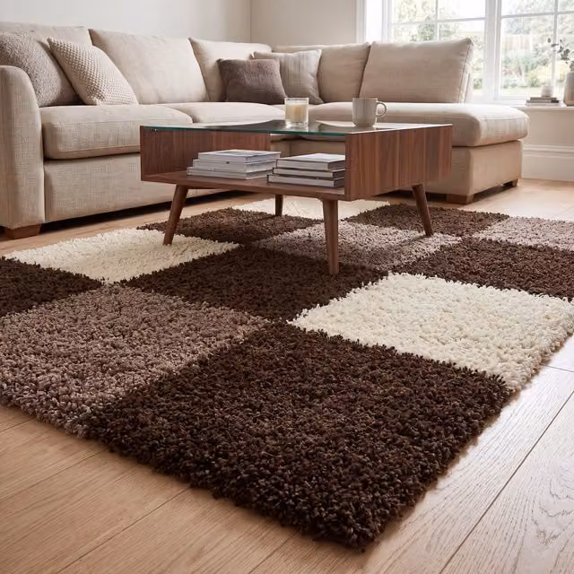 Bravich California Checked Shaggy Rug in Brown, W: 150 cm, D: 80 cm