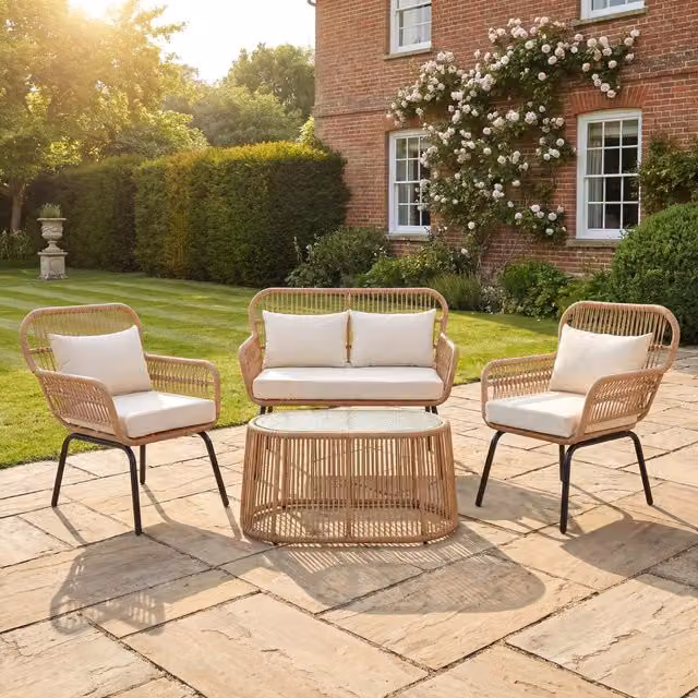 Artemis Home 4 Piece Outdoor Lounge Set with Round Glass Coffee Table and Upholstered Seating in Black and Beige