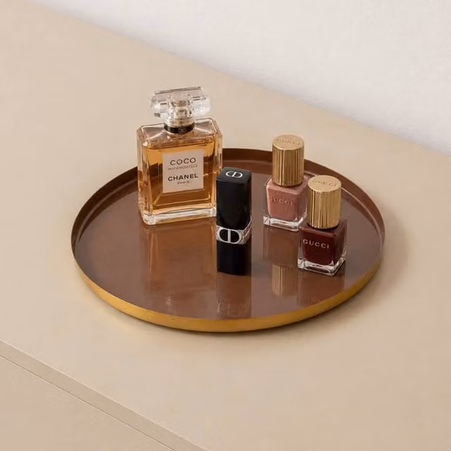 Melody Maison Round Metal Display Tray in Brown and Gold