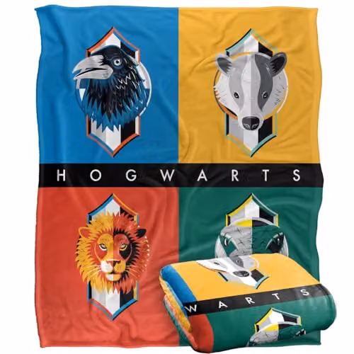 Warner Brothers Harry Potter House Squares Patchwork Fleece Blanket, Multicolour, W/D/H: 152 x 127 cm