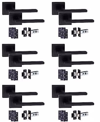 Golden Grace Leon Straight Door Handle Latch Pack in Matt Black, 6 Sets