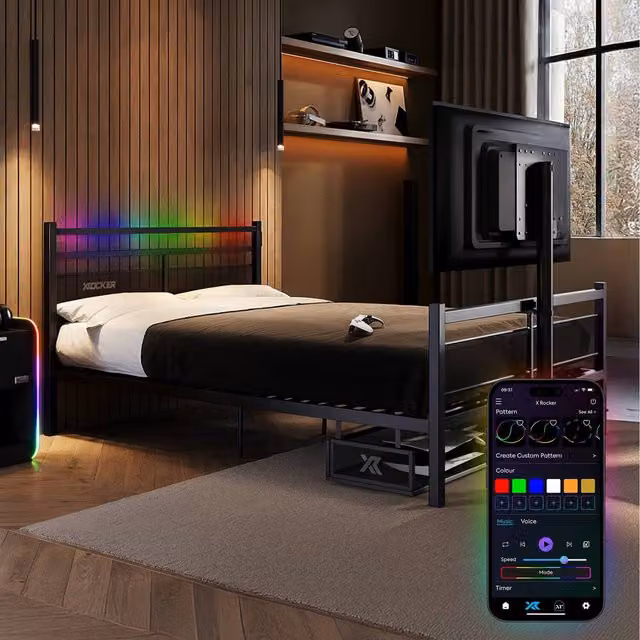 X Rocker Basecamp RGB Double Gaming TV Bed with App Controlled LED Lights, Black, 140 x 200 cm