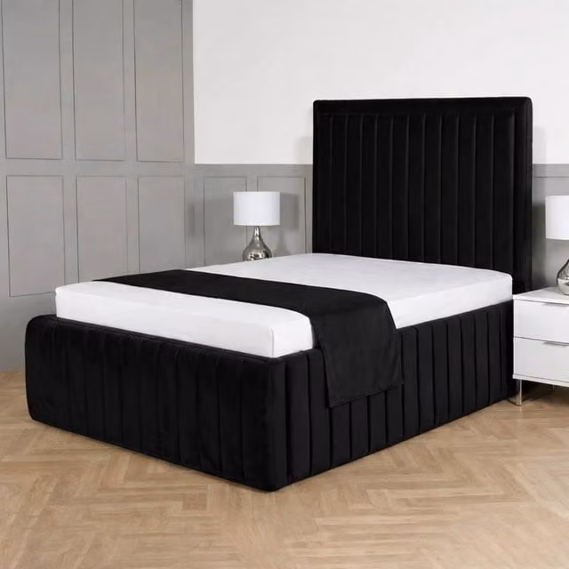 Living Comfort Bedz Saint Germain Plush Upholstered Single Bed with Slatted Base and 48 Inch Headboard in Black