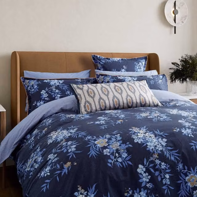 Bedeck of Belfast Nahla Single Duvet Cover and Pillowcase Set, Blue Floral Cotton Percale, W: 90 cm, L: 200 cm