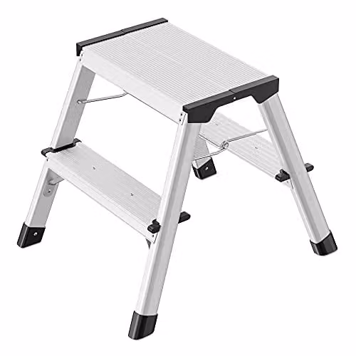 Hailo 4442-701 L90 Silver Aluminium Double-Sided 2-Tread Foldable Step Ladder with Rubber Feet