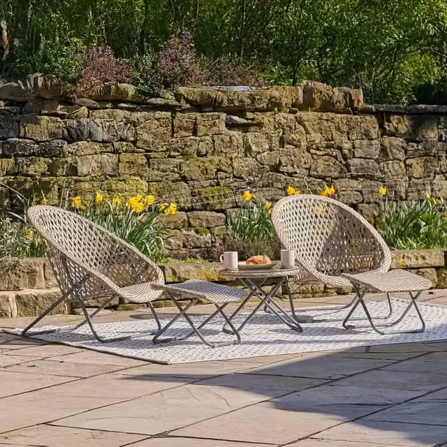 TOBS 5 Piece Foldable Rattan Bistro Set with Glass Top Table and Chairs in Natural Grey Washed