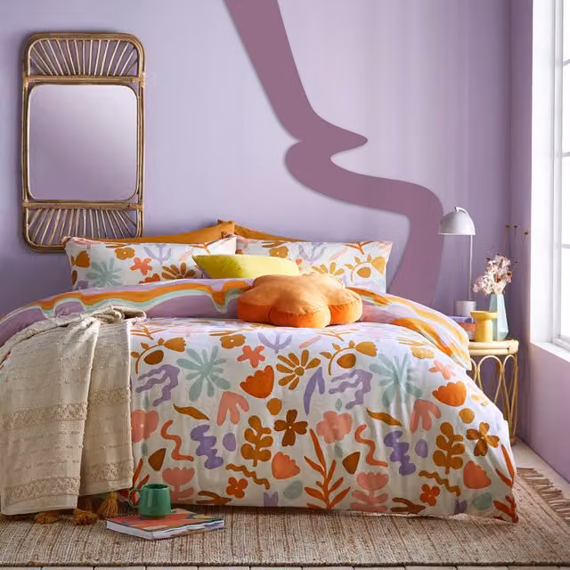 Amelie Reversible Floral Duvet Cover Set in Orange, White and Multicolour, 180 x 200 cm