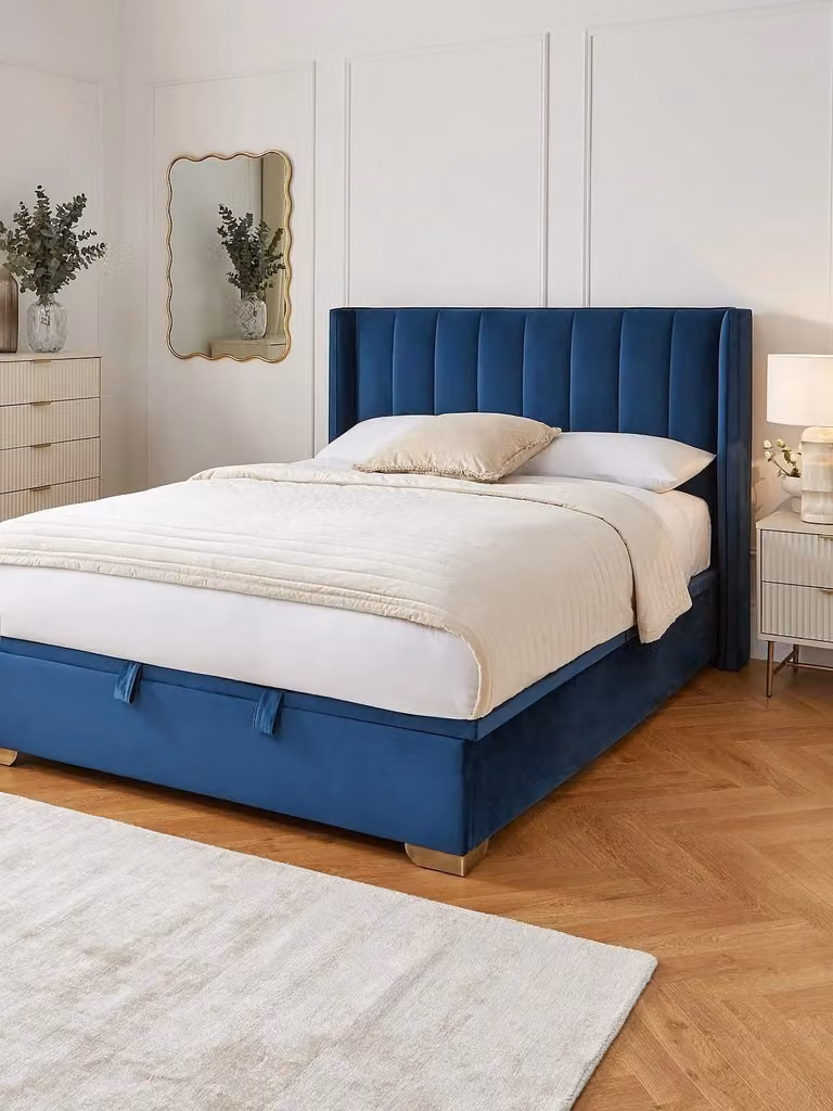 Very Home Dakota Blue Velvet Upholstered King Size Storage Ottoman Bed with Lift Up Base, W/D/H: 180 x 200 x 171 cm